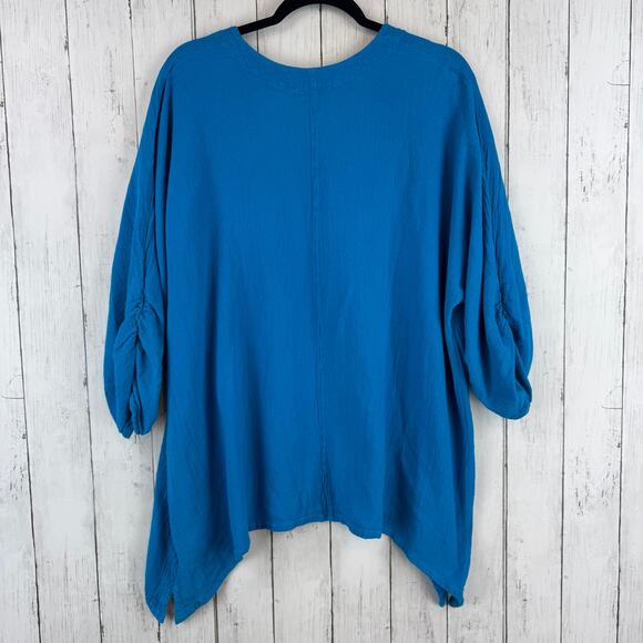 Oh My Gauze! Blue Arty Cotton Gauze Blouse Ruched Tunic Plus Size 3 / XXL 16+ - Picture 7 of 16